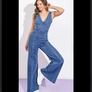 Indigo Blue Denim Western Jumpsuit with Wide Flare Leg. Festival Ready.